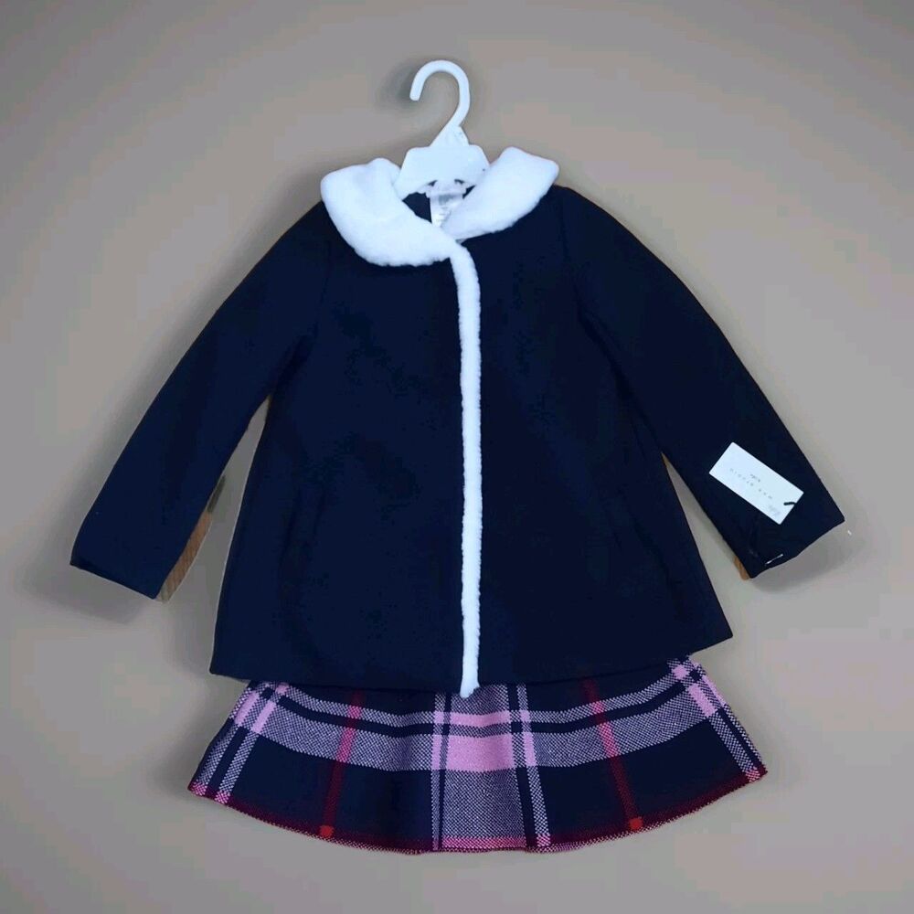 Max Studio Girl 2 Pc Black Dress Coat/Black Pink Plaid Sweater SS Dress Sz 4 NEW